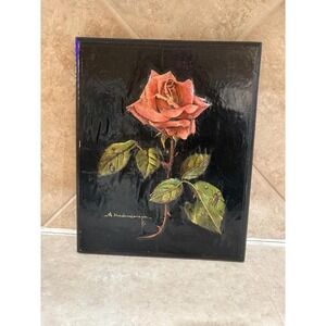 Vintage Signed Original Rose Art Plaque Black Background Embossed 3-D Wall Decor